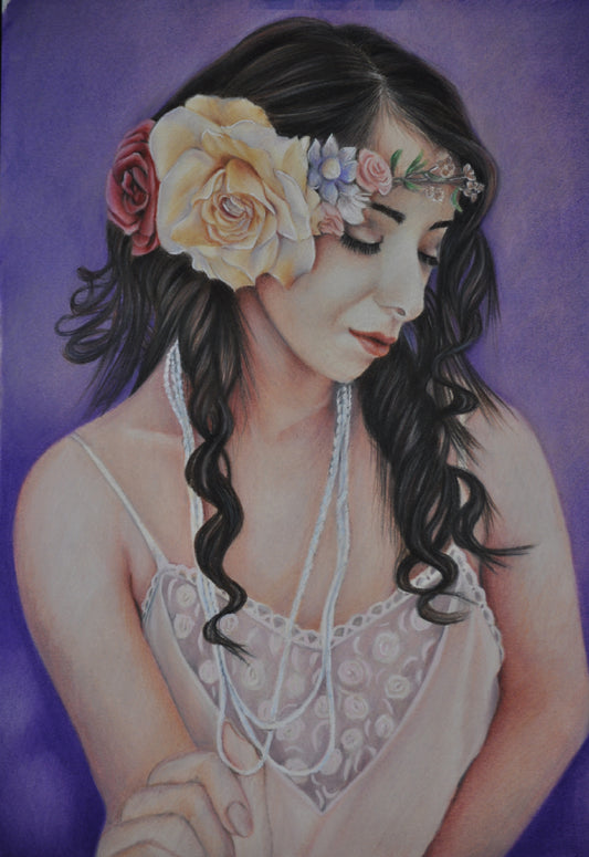 Beautiful Lady drawing, colour pencil drawing, lady with flowers in hair drawing